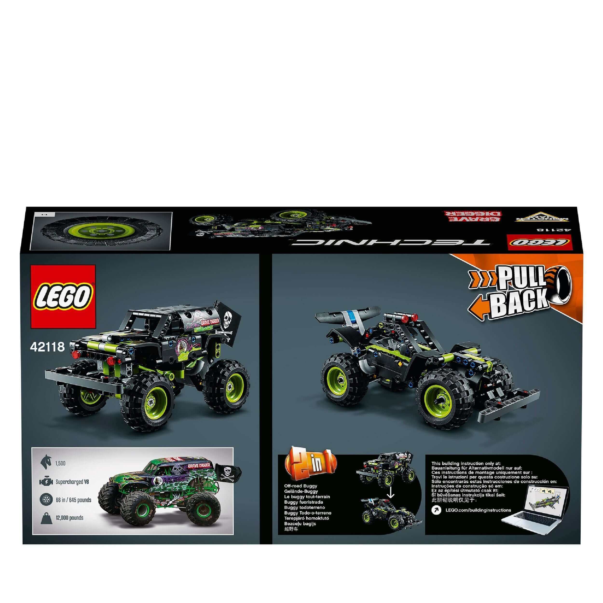LEGO Technic Monster Jam Grave Digger Toy 42118 packaging featuring pull-back off-road buggy and monster truck models.