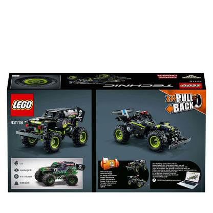 LEGO Technic Monster Jam Grave Digger Toy 42118 packaging featuring pull-back off-road buggy and monster truck models.