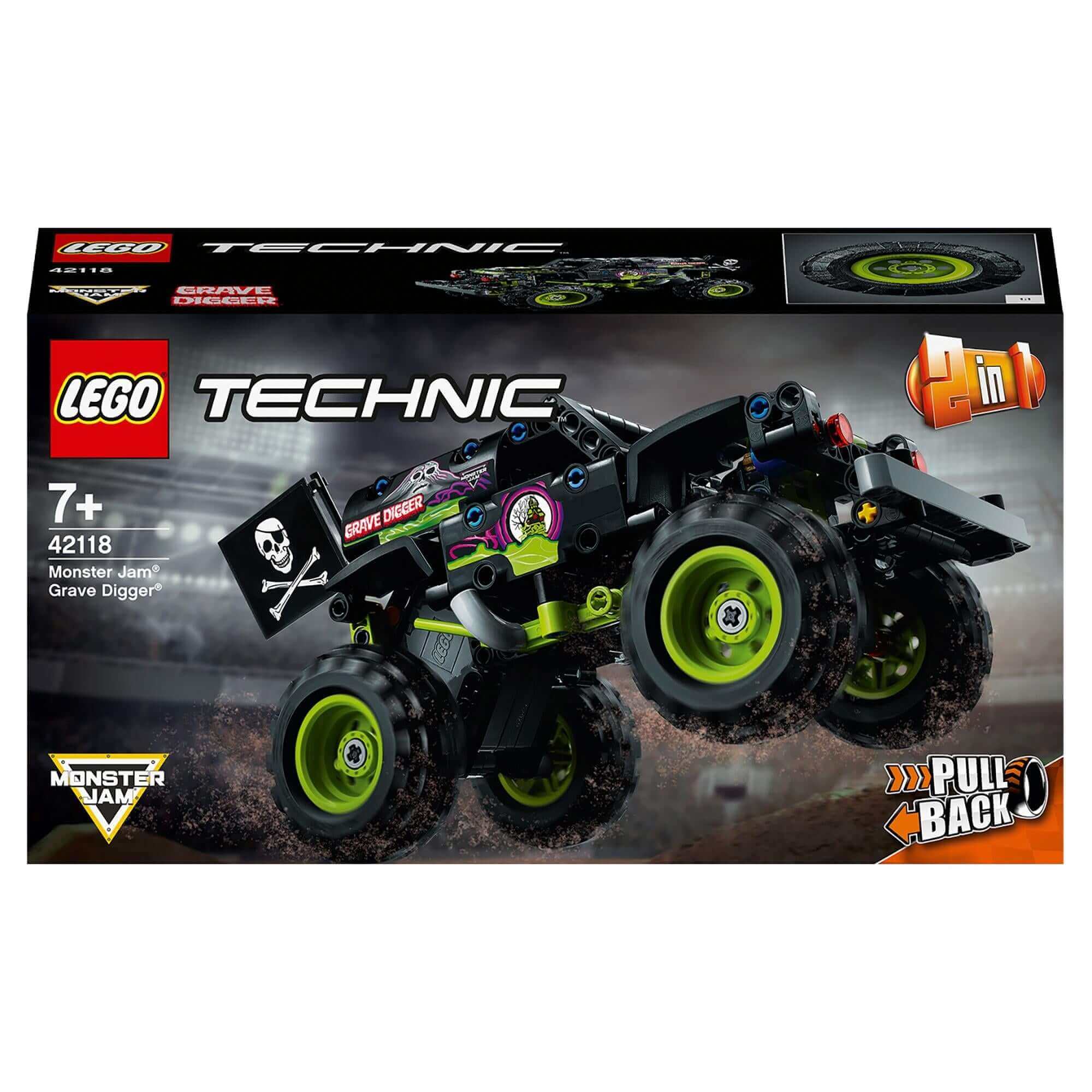 LEGO Technic Monster Jam Grave Digger toy 42118 packaging showcasing 2-in-1 model for young truck fans.