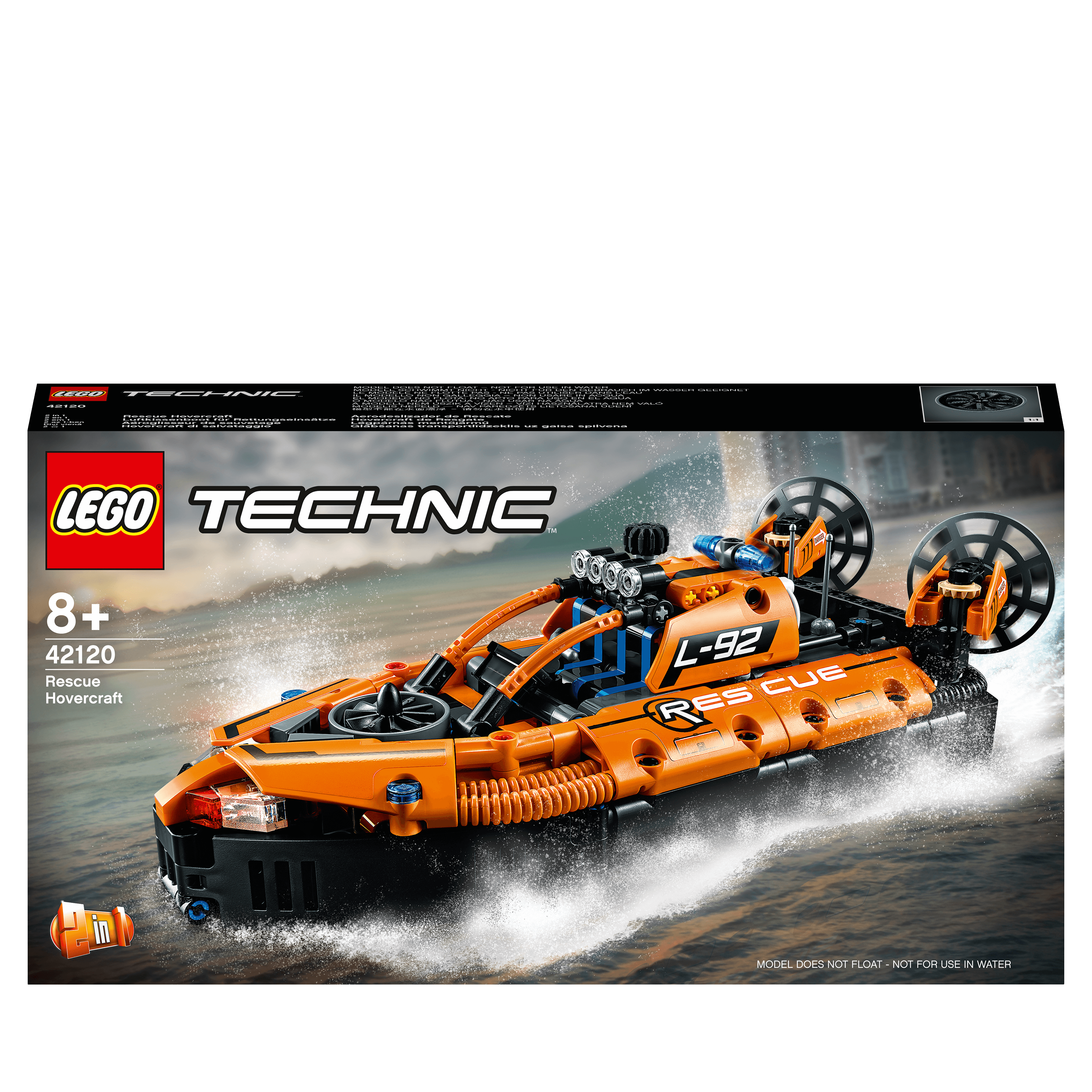 LEGO® Technic 2 in 1 Rescue Hovercraft Model Toy 42120 with realistic features and hovering design.