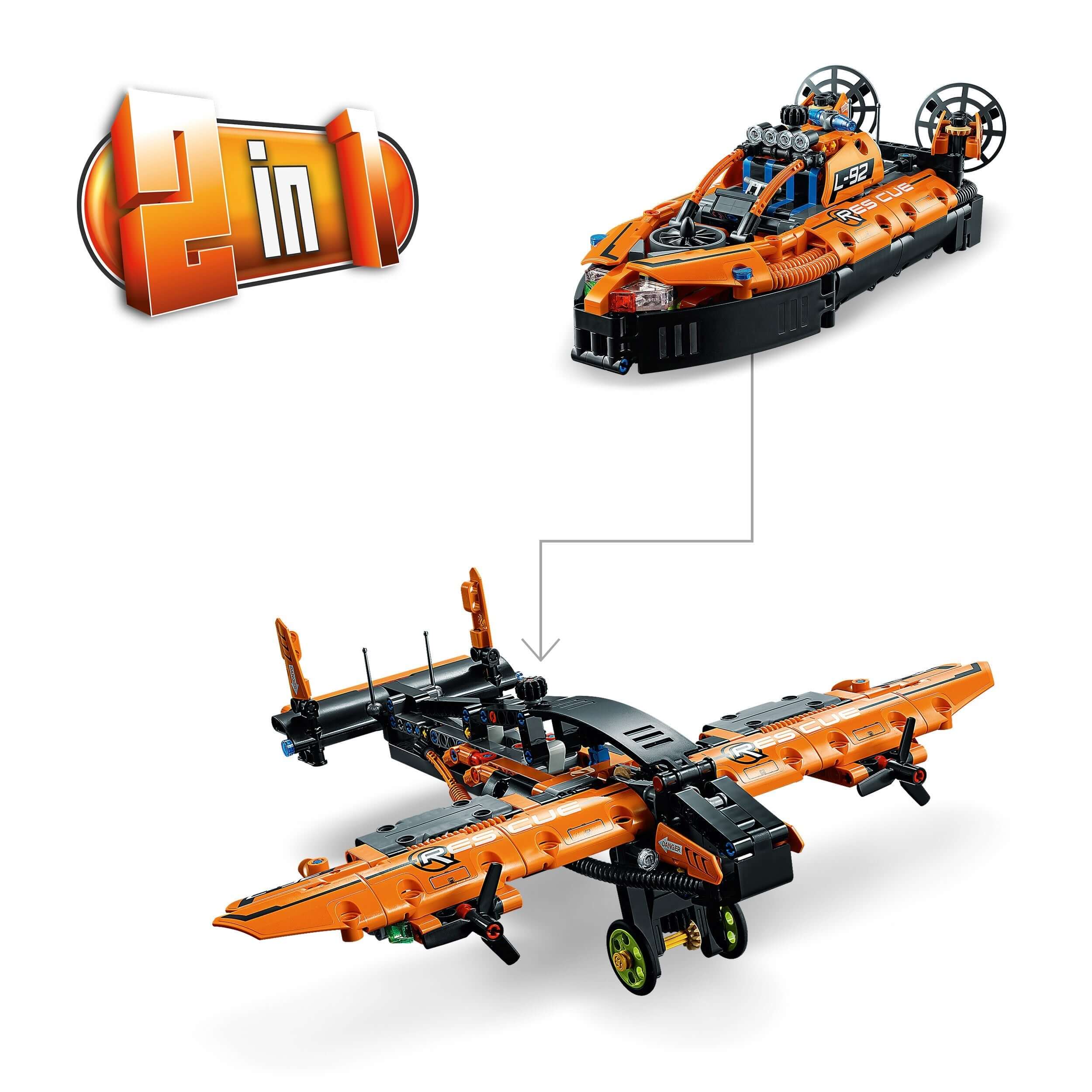 LEGO® Technic 2-in-1 Rescue Hovercraft Model Toy 42120 showcasing the hovercraft and aircraft designs.