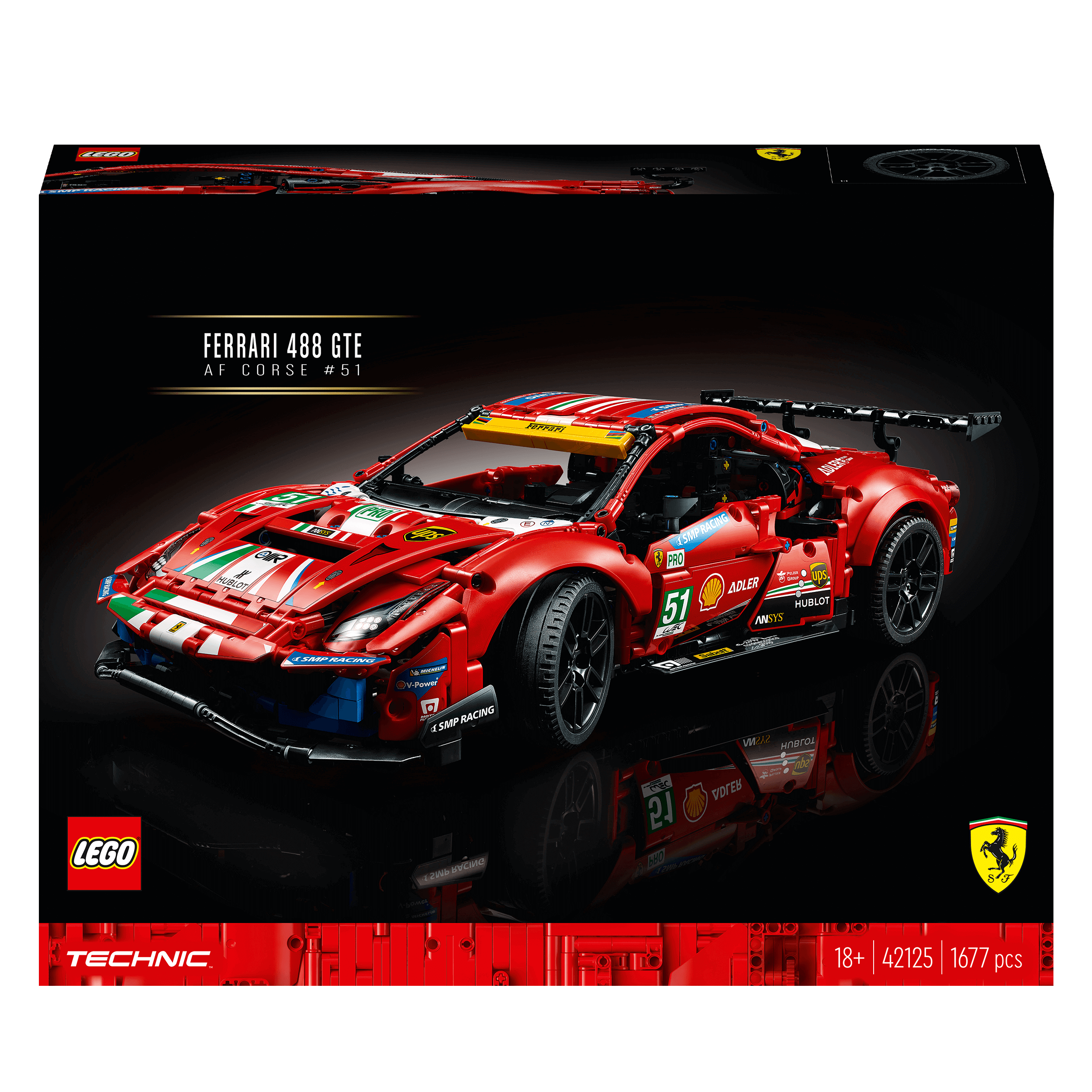 LEGO Technic Ferrari 488 GTE AF Corse #51 model set 42125, showcasing a detailed race car replica with vibrant colors.