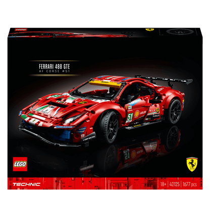 LEGO Technic Ferrari 488 GTE AF Corse #51 model set 42125, showcasing a detailed race car replica with vibrant colors.