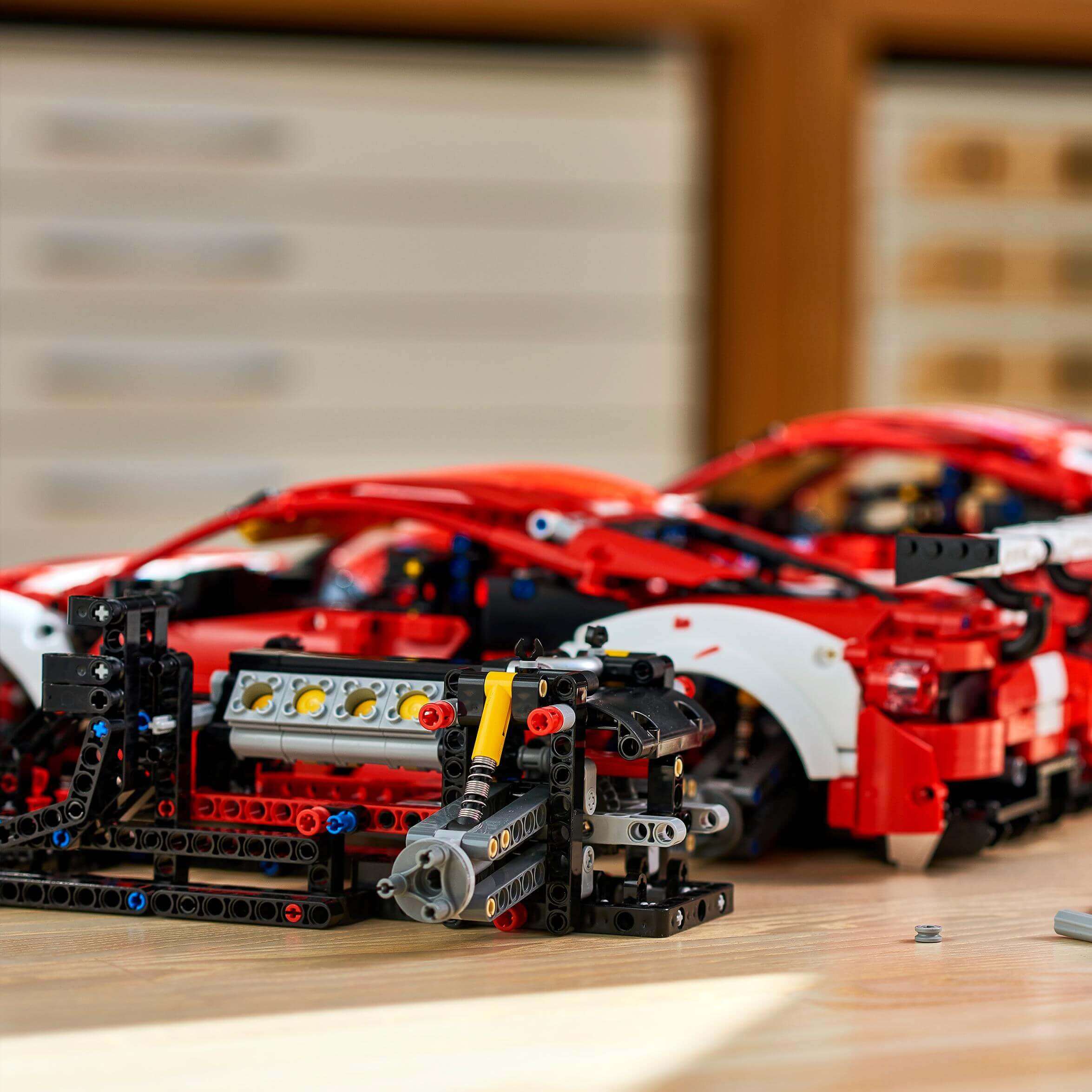 Detailed LEGO® Technic model of Ferrari 488 GTE AF Corse #51 set, showcasing intricate build and racing features.