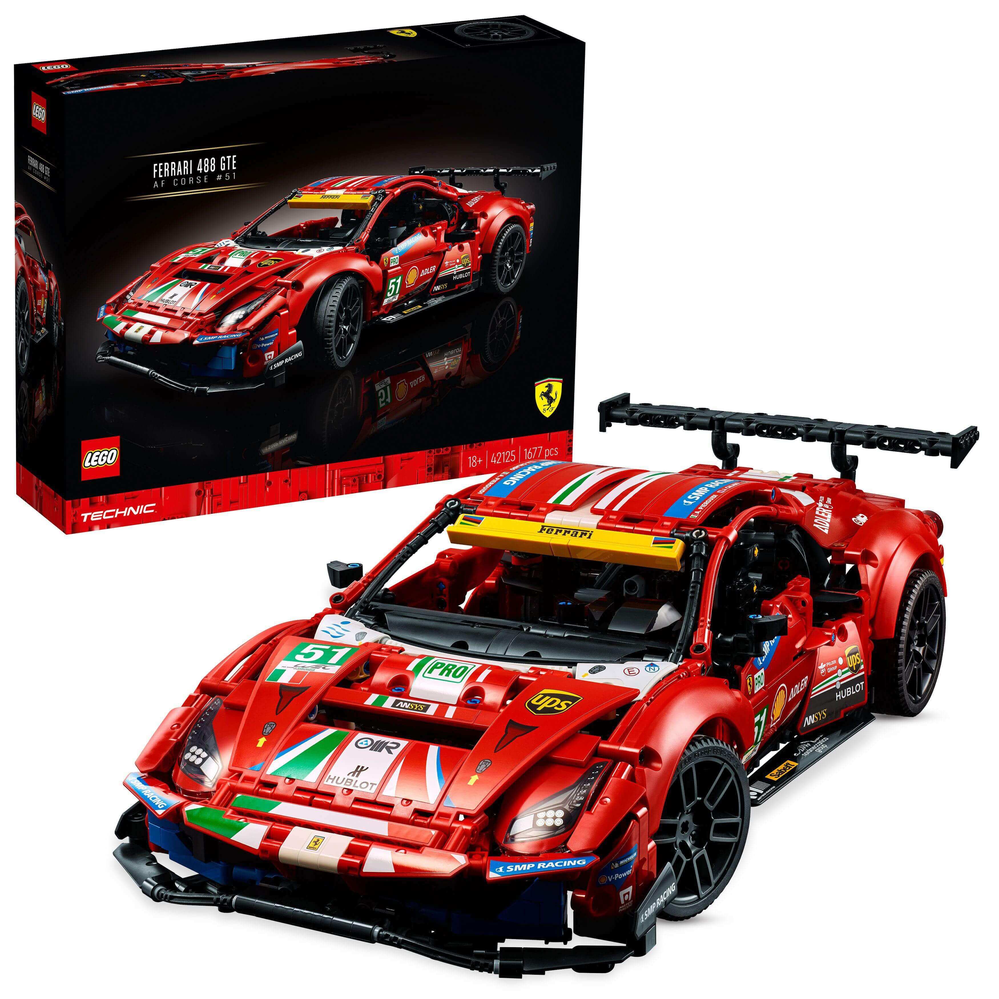 LEGO Technic Ferrari 488 GTE AF Corse #51 Set 42125 with box and detailed model in vibrant red.