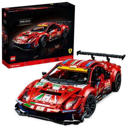 LEGO Technic Ferrari 488 GTE AF Corse #51 Set 42125 with box and detailed model in vibrant red.