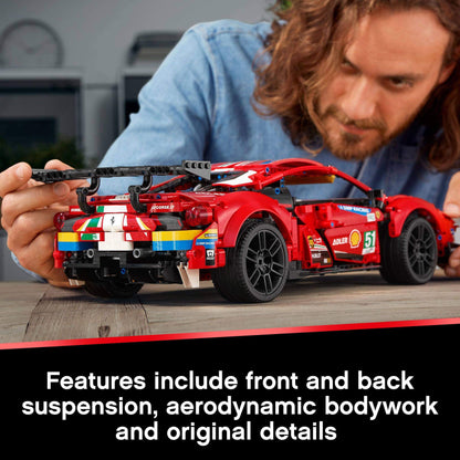 Builder focusing on LEGO® Technic Ferrari 488 GTE model with detailed suspension and aerodynamic design.