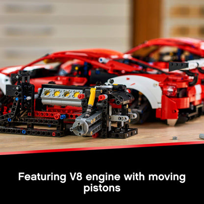 LEGO Technic Ferrari 488 GTE set showcasing V8 engine with moving pistons and detailed model design.