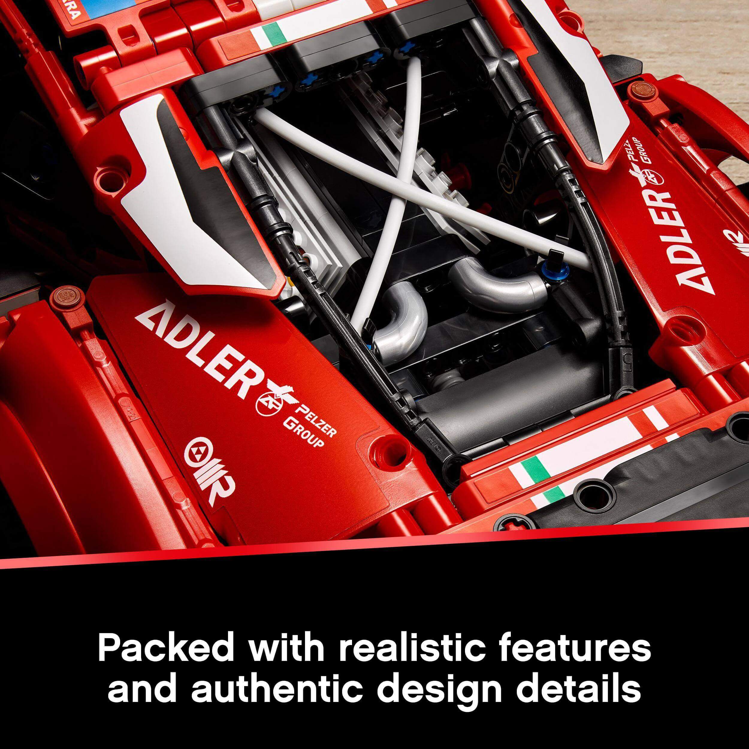 Close-up of LEGO Technic Ferrari 488 GTE engine showcasing realistic features and authentic design details.