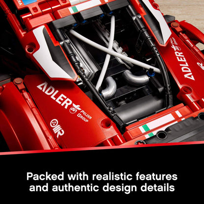 Close-up of LEGO Technic Ferrari 488 GTE engine showcasing realistic features and authentic design details.
