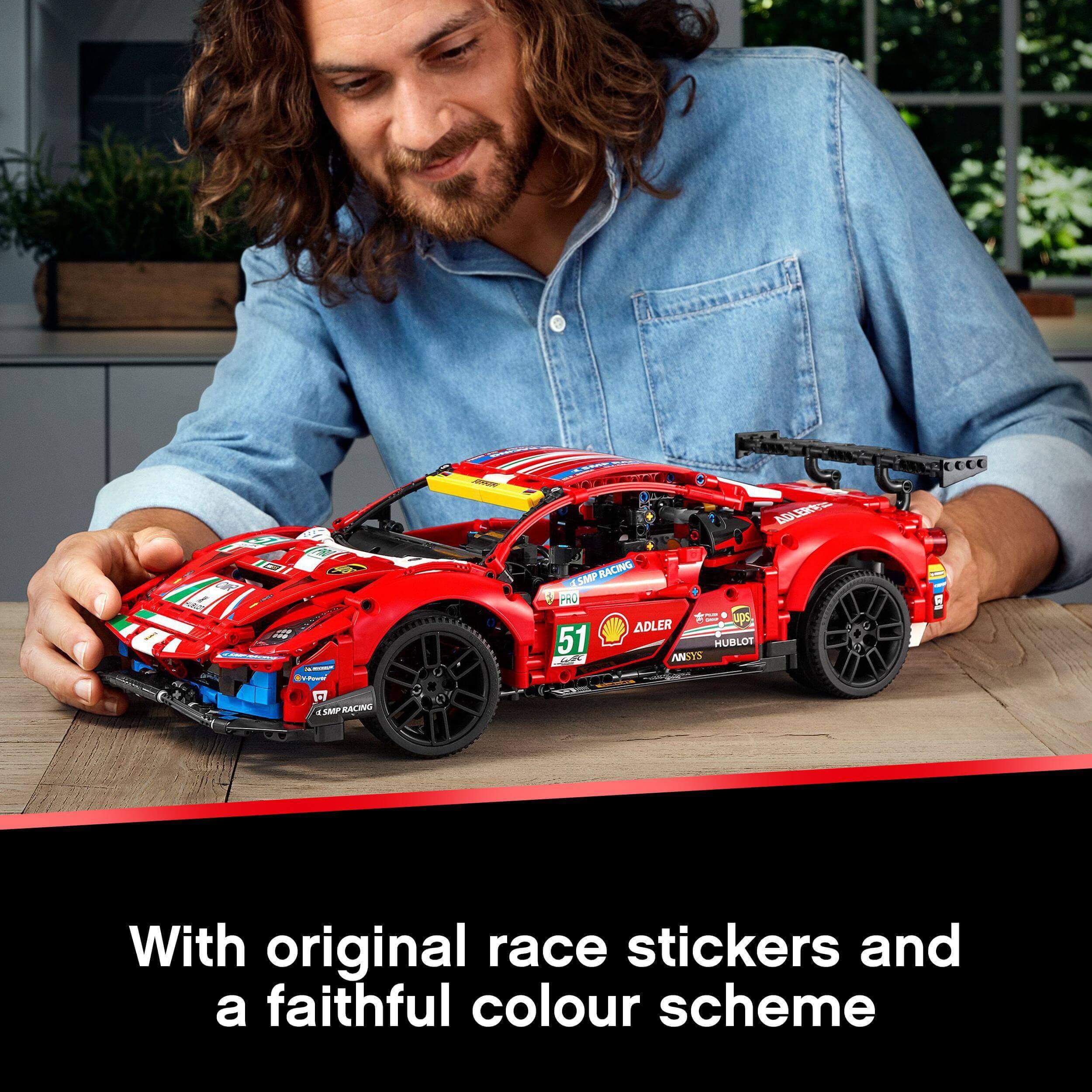 LEGO Technic Ferrari 488 GTE AF Corse #51 model with authentic stickers and color scheme.