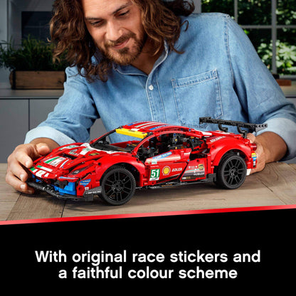 LEGO Technic Ferrari 488 GTE AF Corse #51 model with authentic stickers and color scheme.