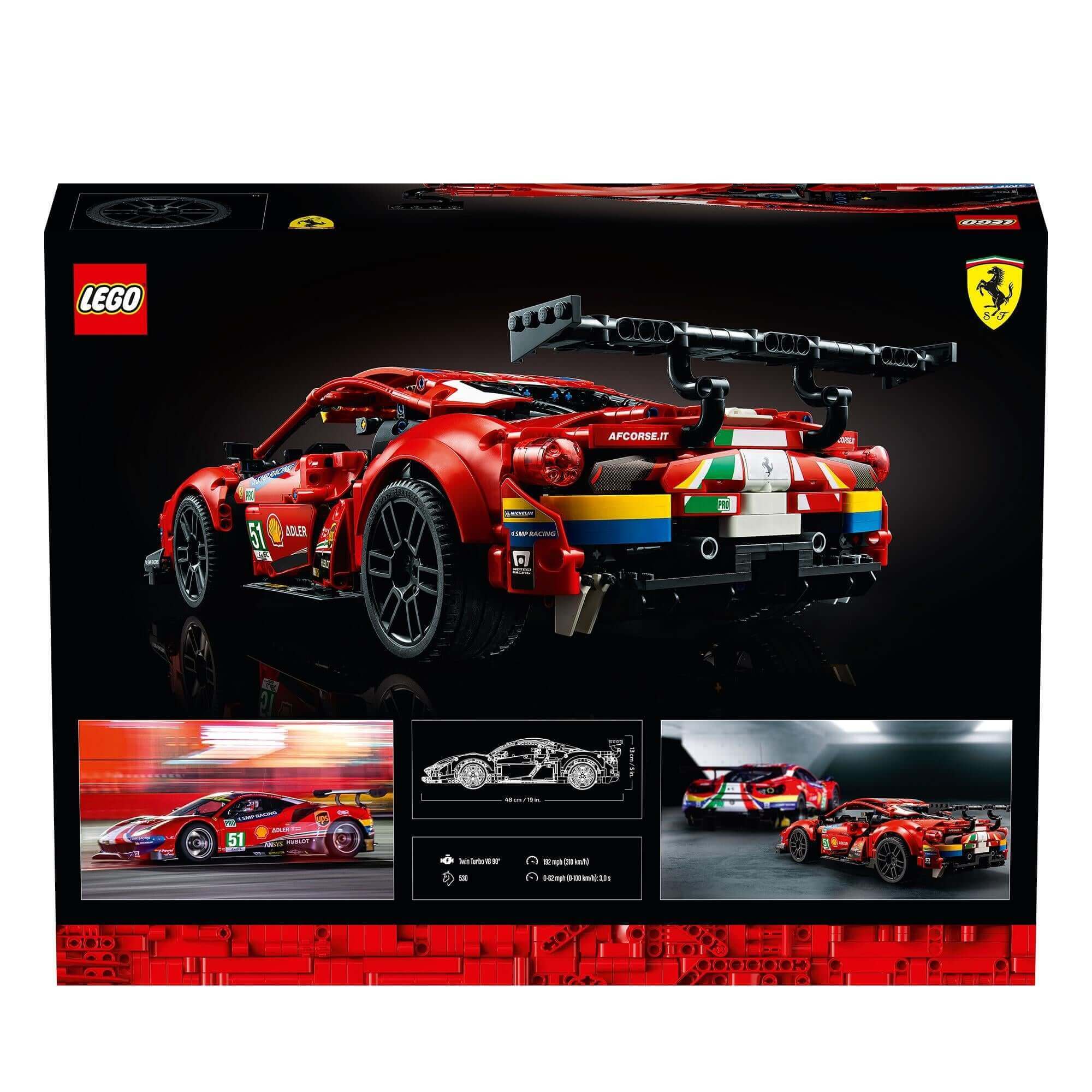 LEGO Technic Ferrari 488 GTE AF Corse #51 box featuring detailed model and vibrant design.