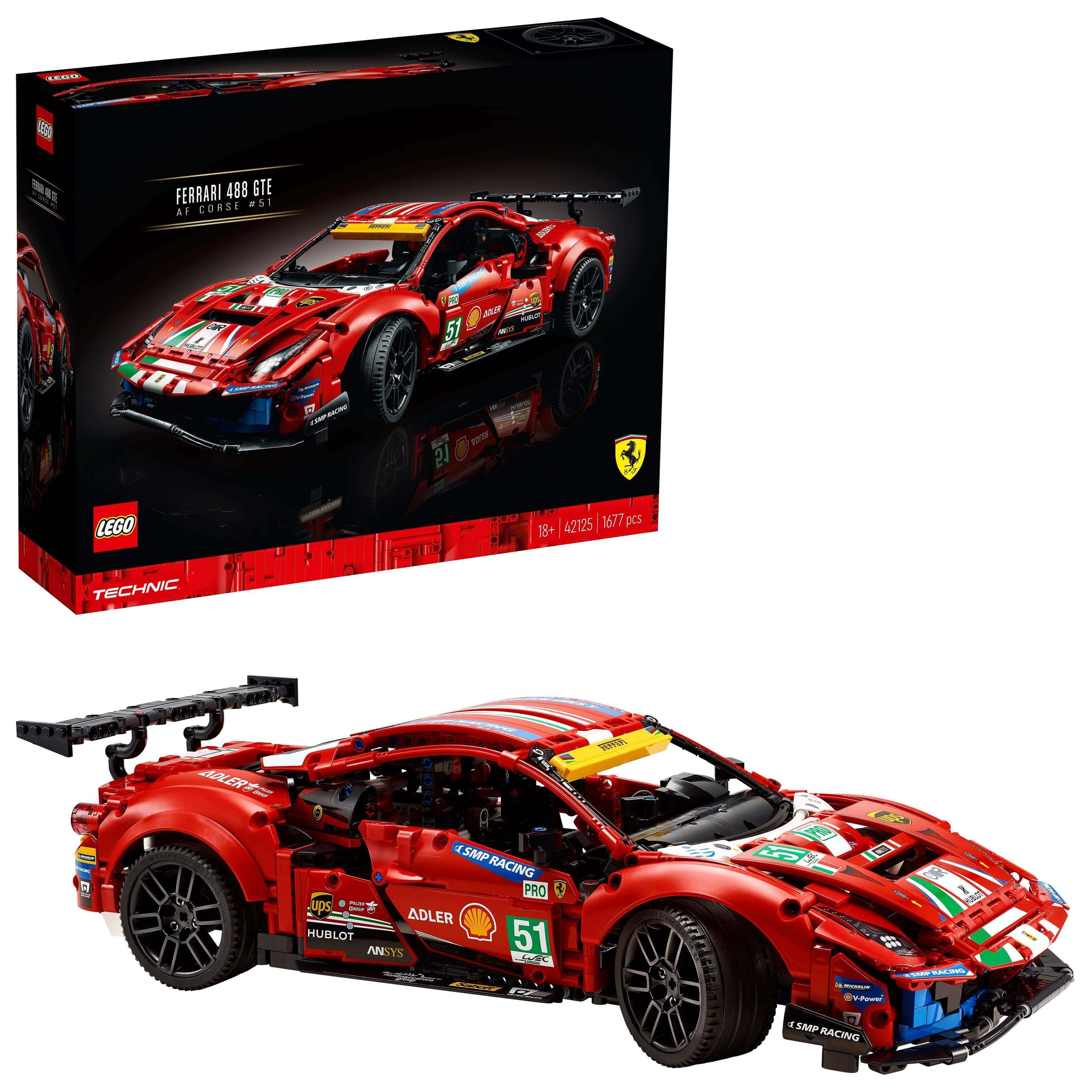 LEGO Technic Ferrari 488 GTE AF Corse #51 set 42125, detailed model of a race-winning race car with box.