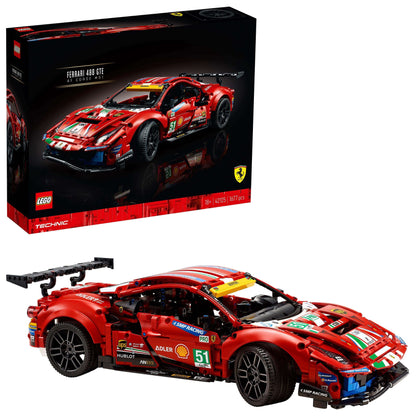 LEGO Technic Ferrari 488 GTE AF Corse #51 set 42125, detailed model of a race-winning race car with box.
