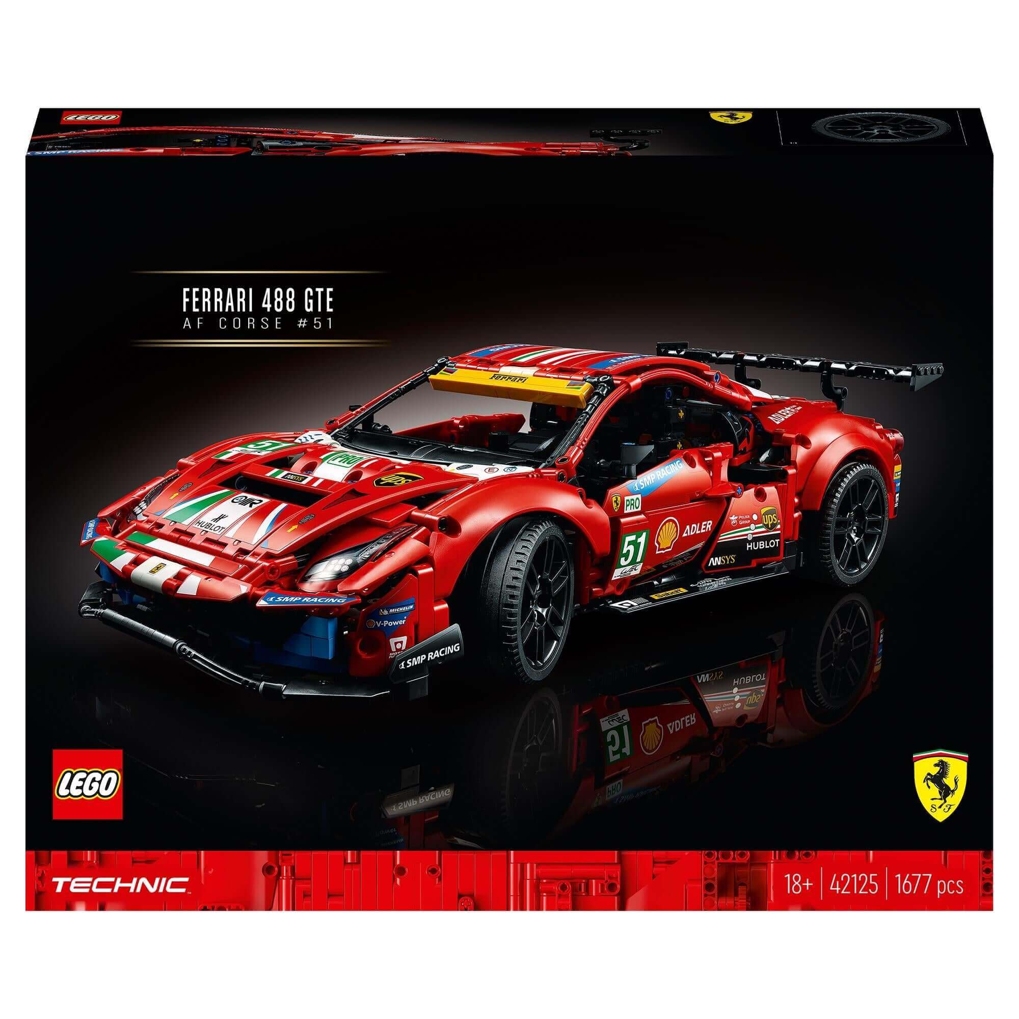 LEGO Technic Ferrari 488 GTE AF Corse #51 model set 42125, showcasing intricate details and vibrant red design.