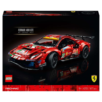 LEGO Technic Ferrari 488 GTE AF Corse #51 model set 42125, showcasing intricate details and vibrant red design.