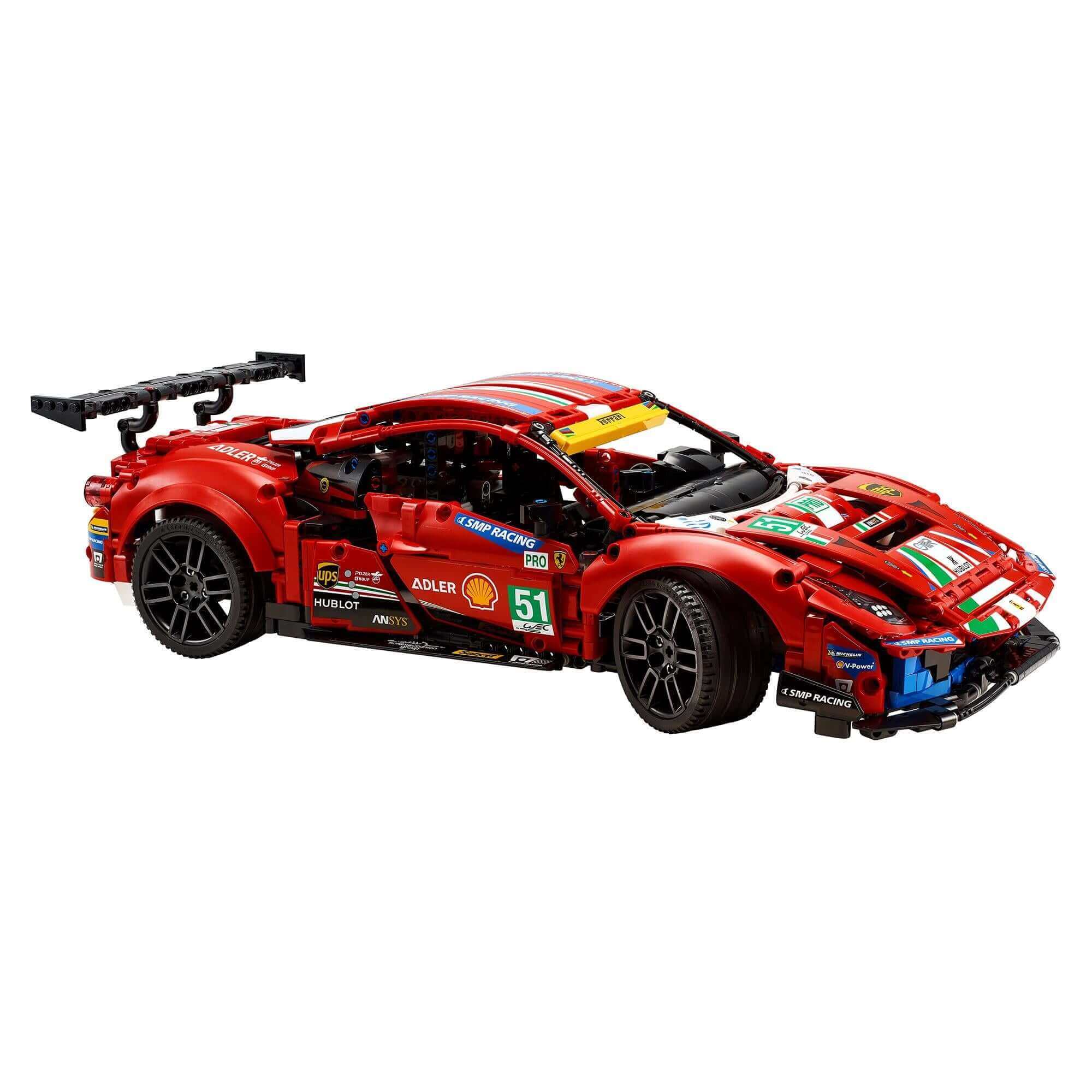 Detailed LEGO Technic Ferrari 488 GTE model, set 42125, featuring race-winning design and vibrant colors.