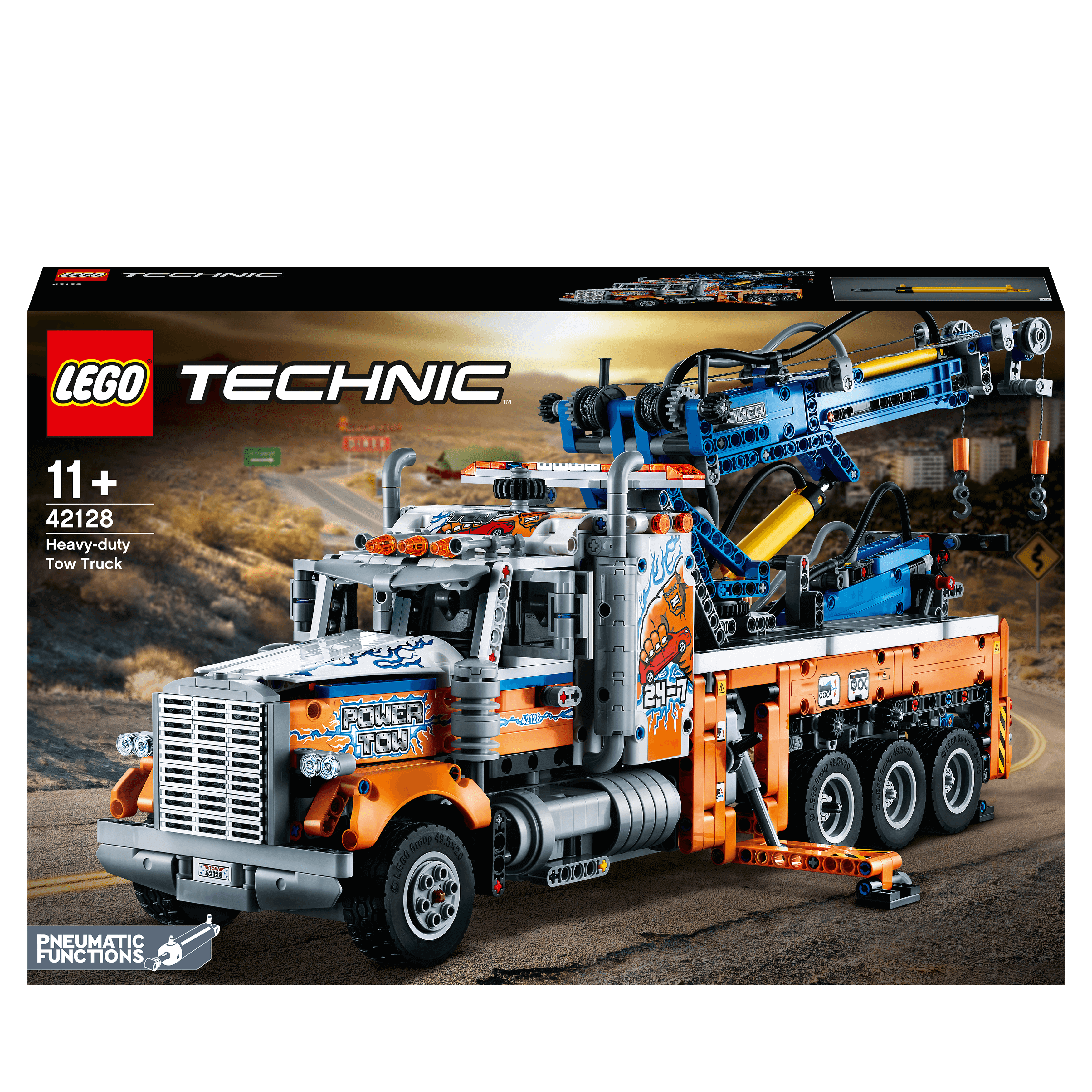 LEGO Technic Heavy-Duty Tow Truck 42128 with authentic design and realistic functions, perfect for creative building.