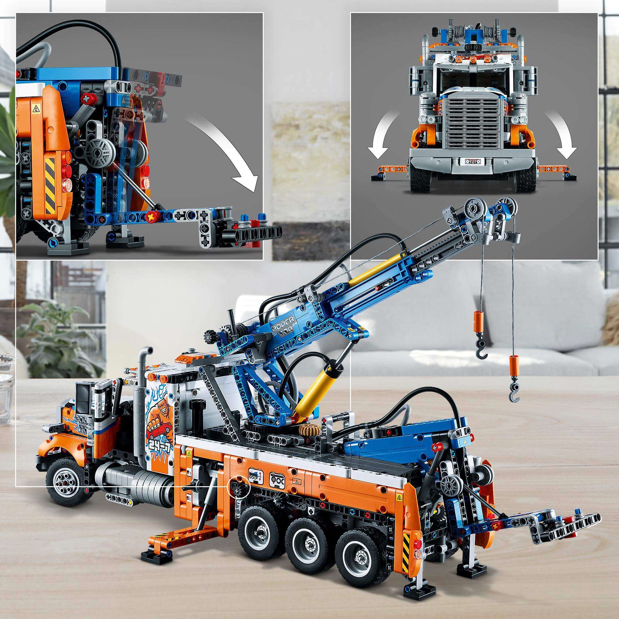 LEGO® Technic Heavy-Duty Tow Truck 42128 showcasing detailed design and functions in a vibrant setting.