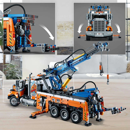 LEGO® Technic Heavy-Duty Tow Truck 42128 showcasing detailed design and functions in a vibrant setting.