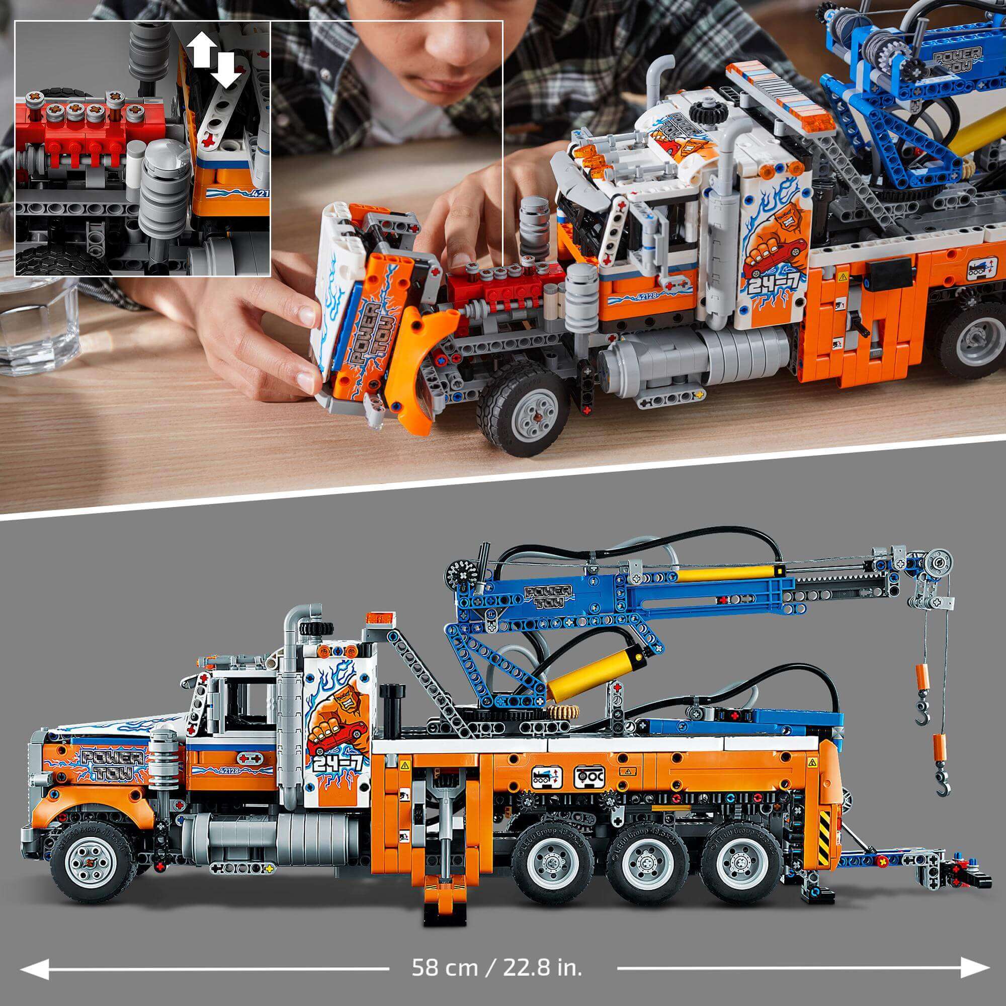 LEGO® Technic Heavy-Duty Tow Truck 42128, showcasing intricate details and functions, perfect for building enthusiasts.
