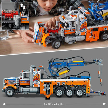 LEGO® Technic Heavy-Duty Tow Truck 42128, showcasing intricate details and functions, perfect for building enthusiasts.