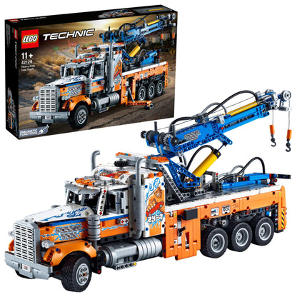 LEGO® Technic Heavy-Duty Tow Truck 42128 set displayed, showcasing detailed design and realistic tow functions.