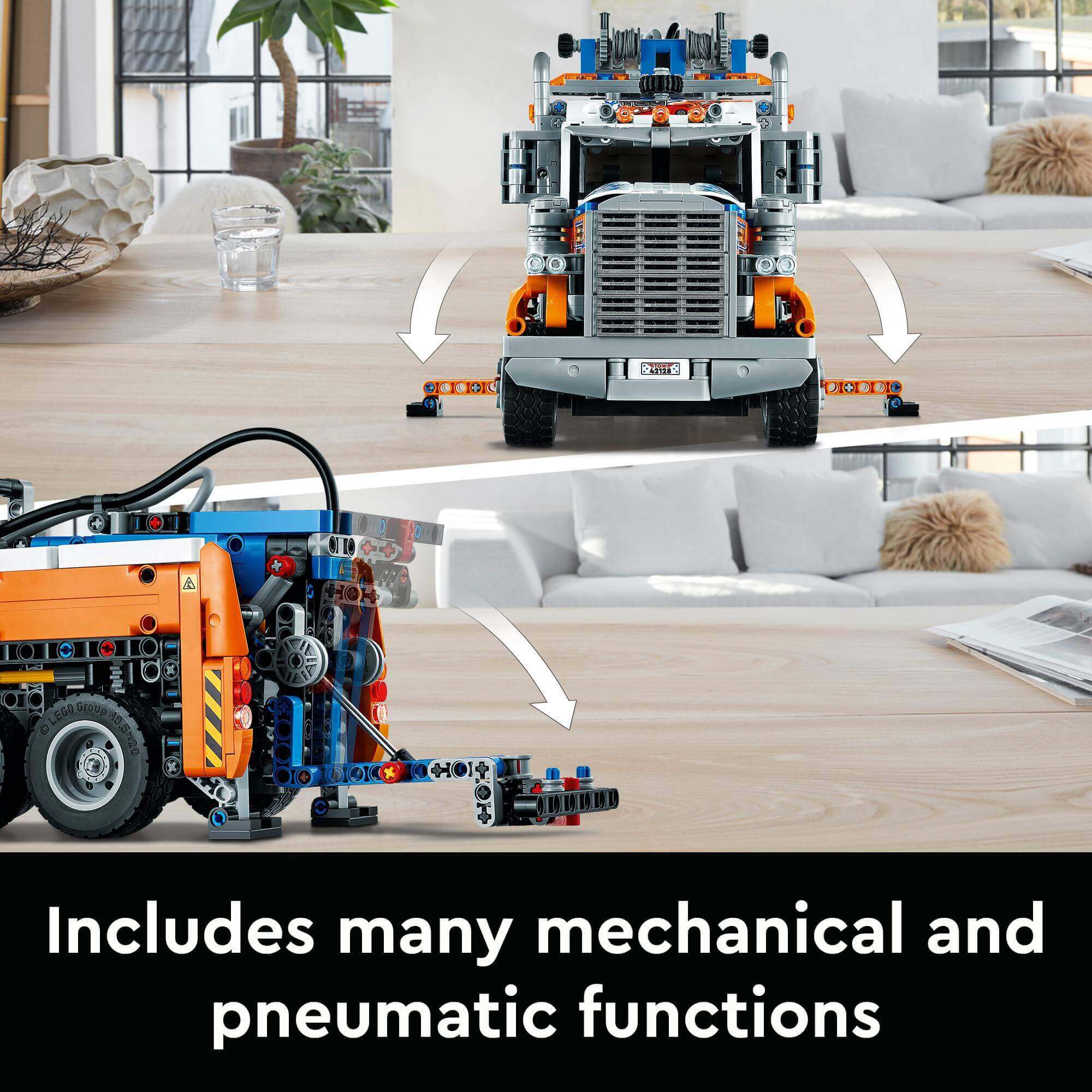 LEGO® Technic Heavy-Duty Tow Truck 42128 displaying mechanical and pneumatic functions in a modern living room.