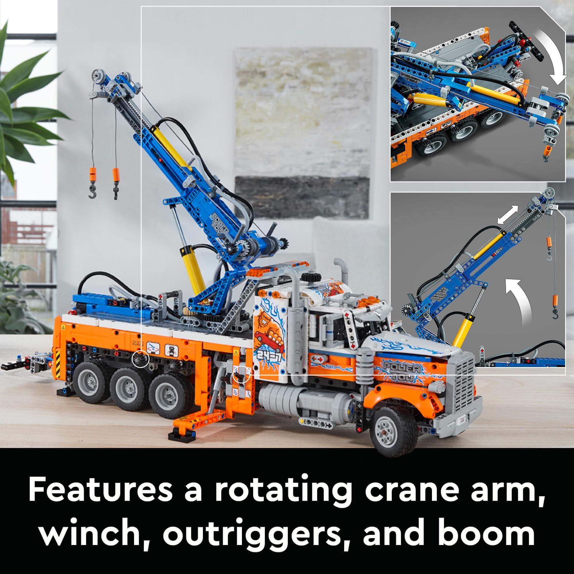 LEGO® Technic Heavy-Duty Tow Truck 42128 with rotating crane arm, winch, outriggers, and boom functionality.