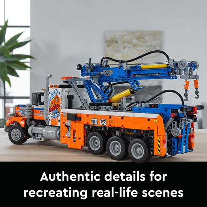 LEGO Technic Heavy-Duty Tow Truck 42128 showcasing authentic details for realistic scene recreation.