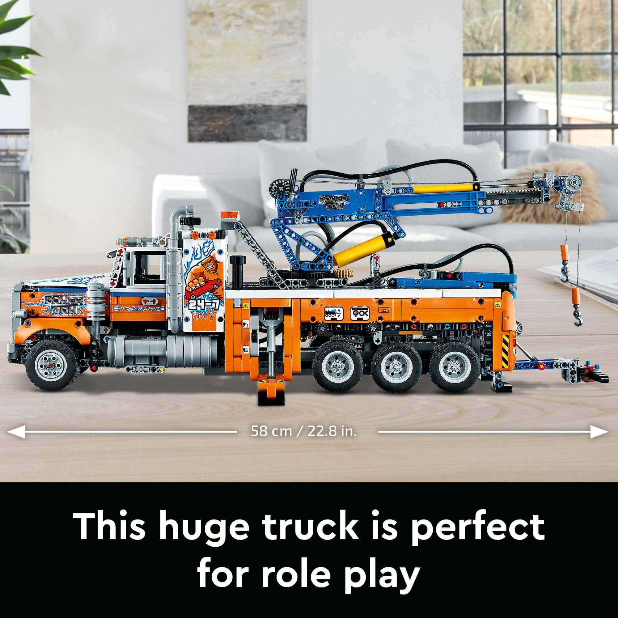LEGO® Technic Heavy-Duty Tow Truck 42128 features realistic design and functions, ideal for creative role play.