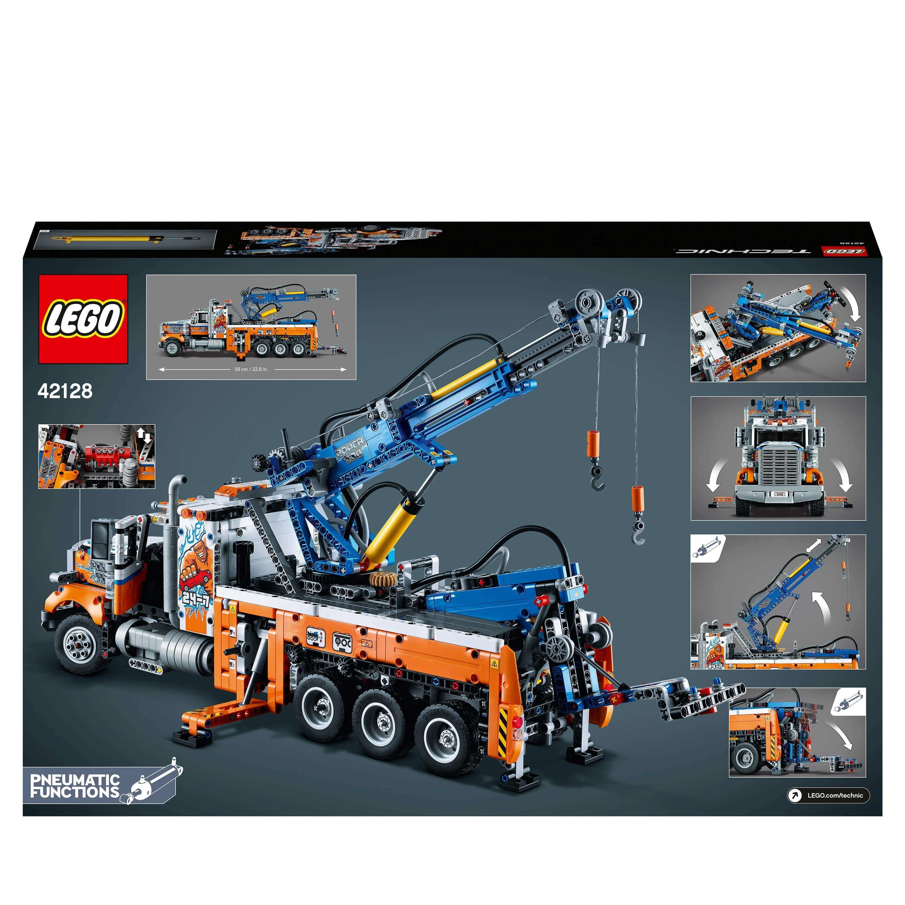 LEGO® Technic Heavy-Duty Tow Truck Toy 42128 packaging with realistic design and pneumatic functions showcased.