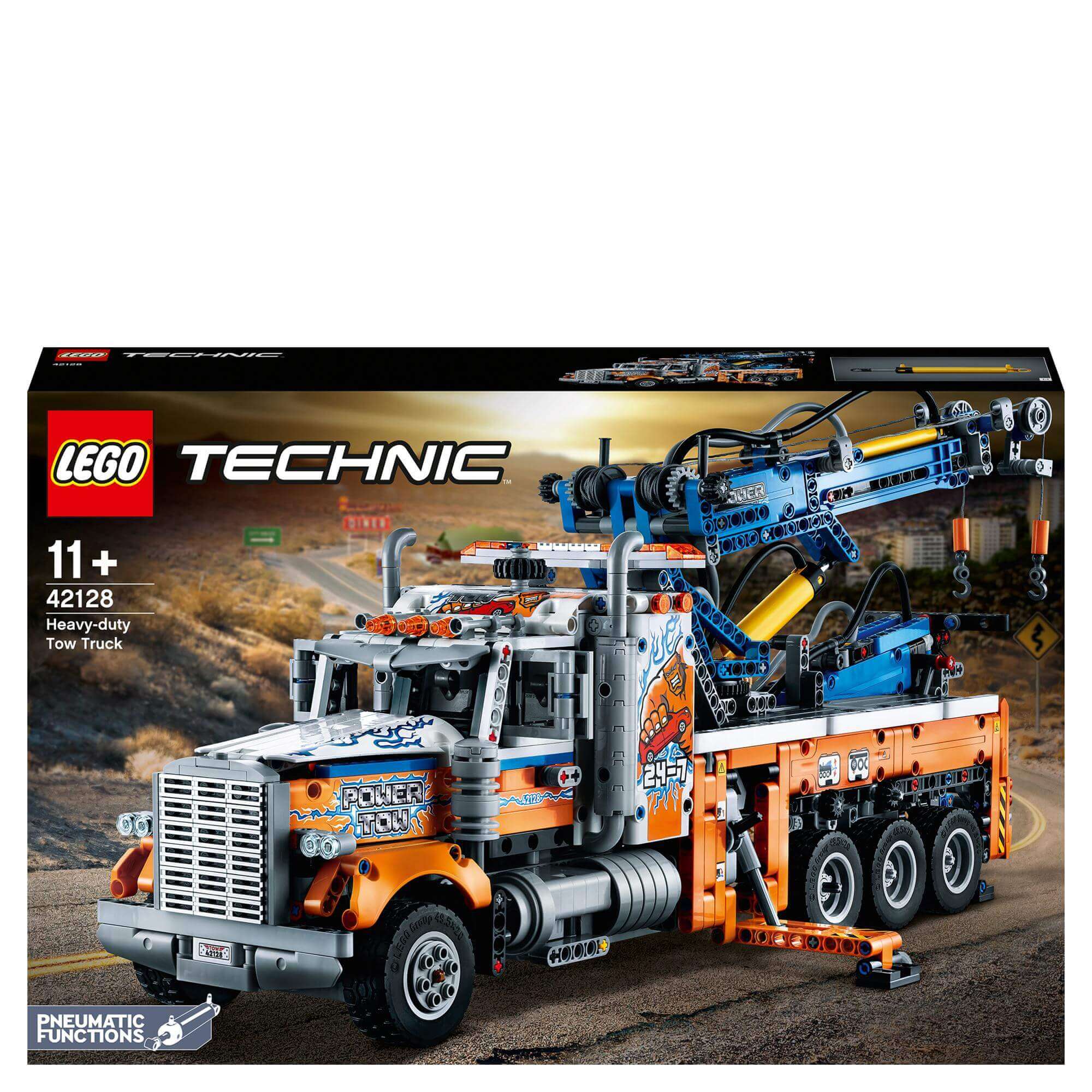 LEGO® Technic Heavy-Duty Tow Truck Toy 42128 box showcasing authentic design and pneumatic functions.
