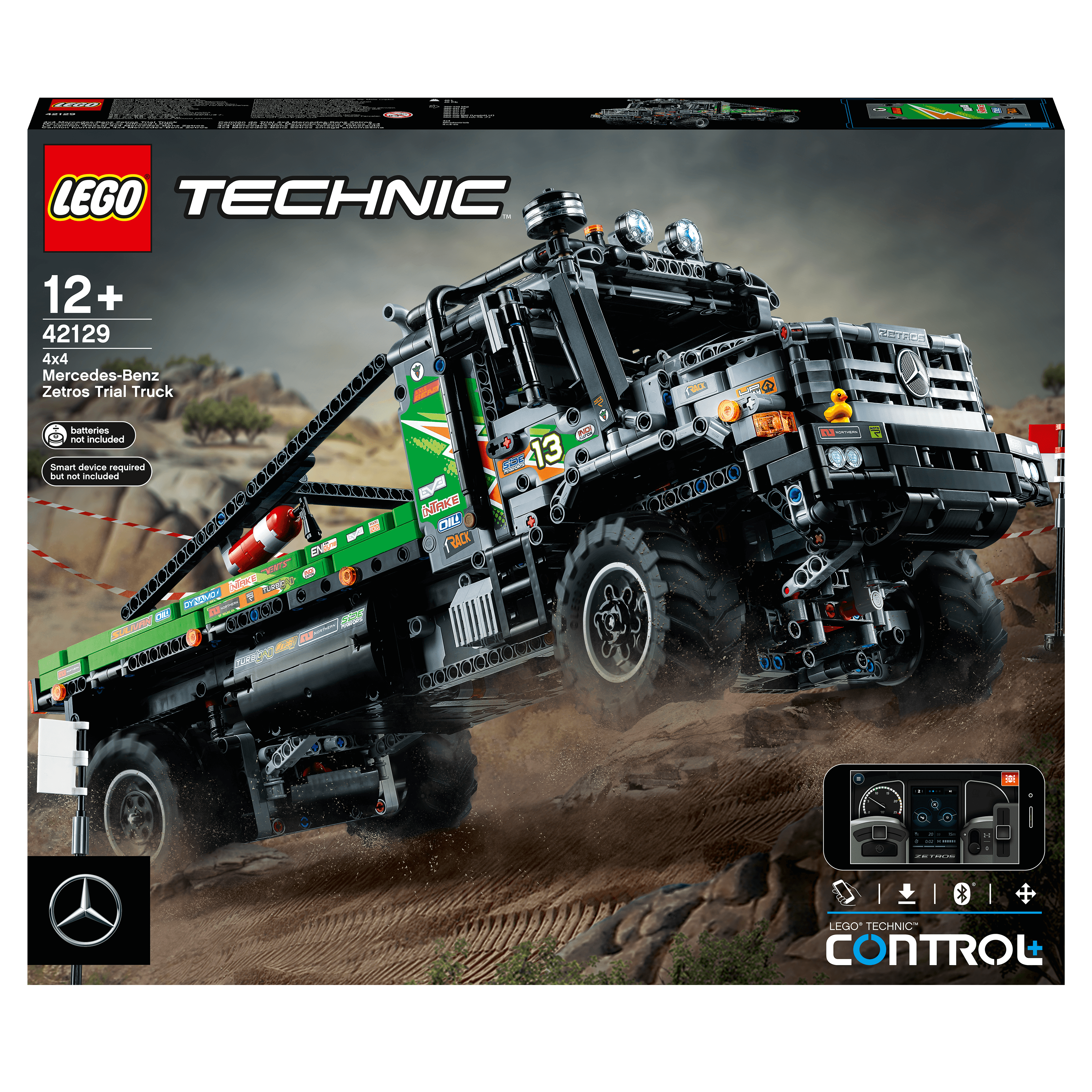 LEGO Technic 4x4 Mercedes-Benz Zetros Truck model 42129, showcasing off-road capabilities with CONTROL+ app functionality.