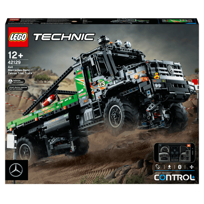 LEGO Technic 4x4 Mercedes-Benz Zetros Truck model 42129, showcasing off-road capabilities with CONTROL+ app functionality.