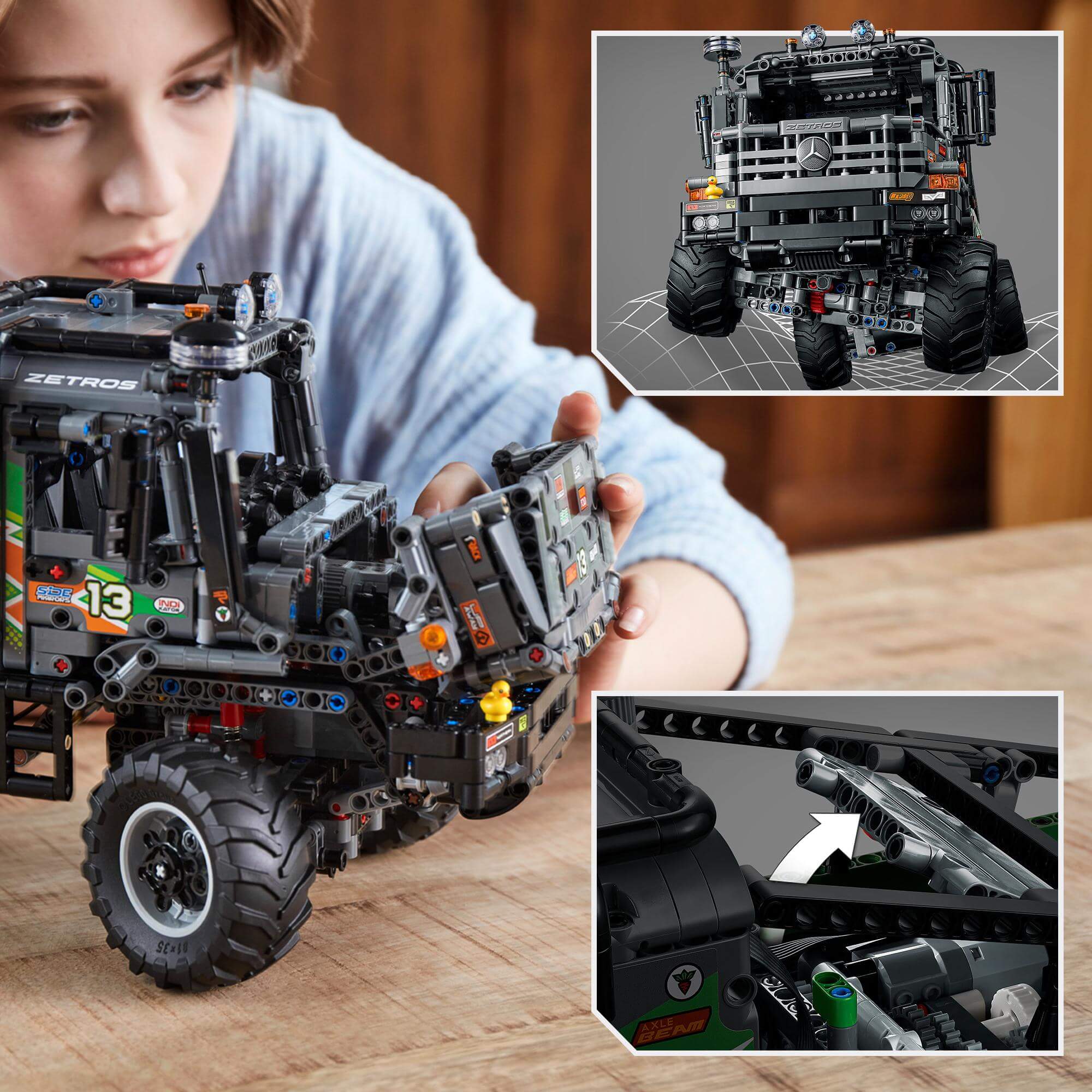Child interacting with LEGO® Technic 4x4 Mercedes-Benz Zetros Truck, showcasing detailed model features.