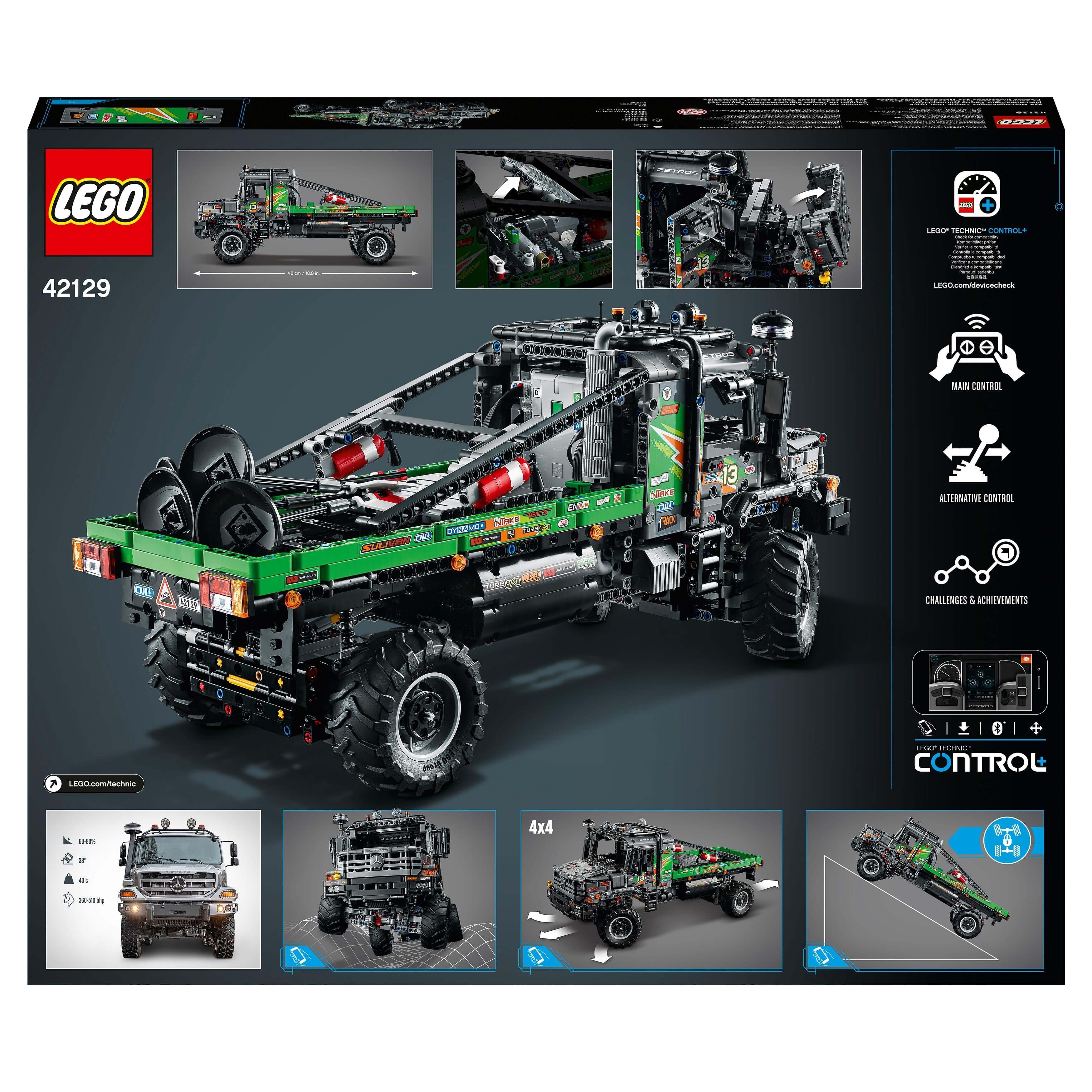 LEGO Technic 4x4 Mercedes-Benz Zetros Truck Toy 42129 packaging with images of the model and CONTROL+ app features.