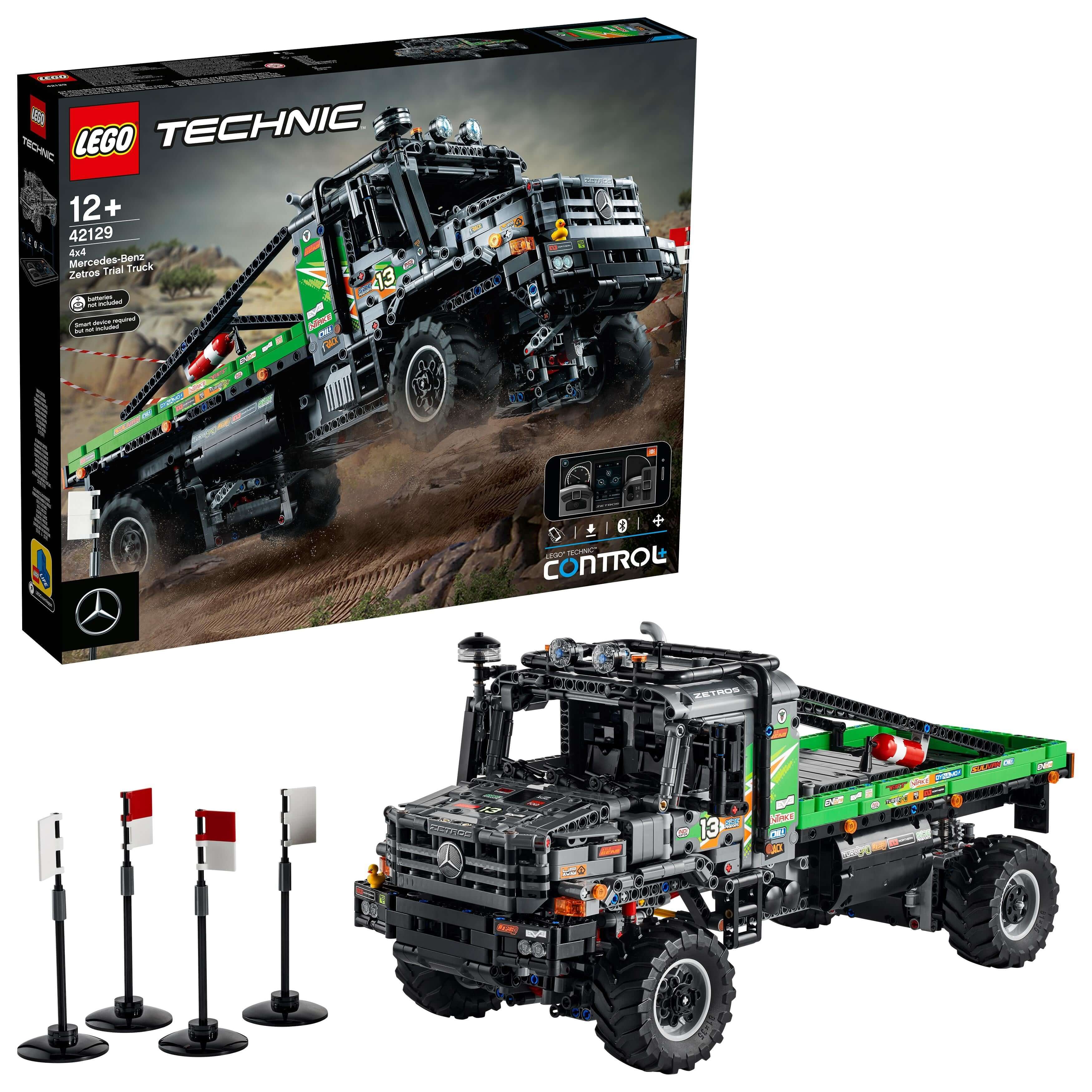 LEGO Technic 4x4 Mercedes-Benz Zetros Truck 42129 with CONTROL+ app features and accessories.
