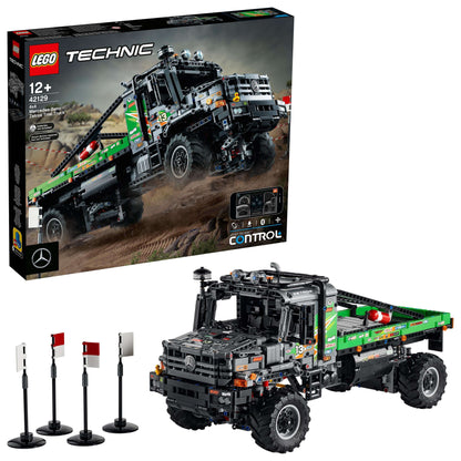 LEGO Technic 4x4 Mercedes-Benz Zetros Truck 42129 with CONTROL+ app features and accessories.