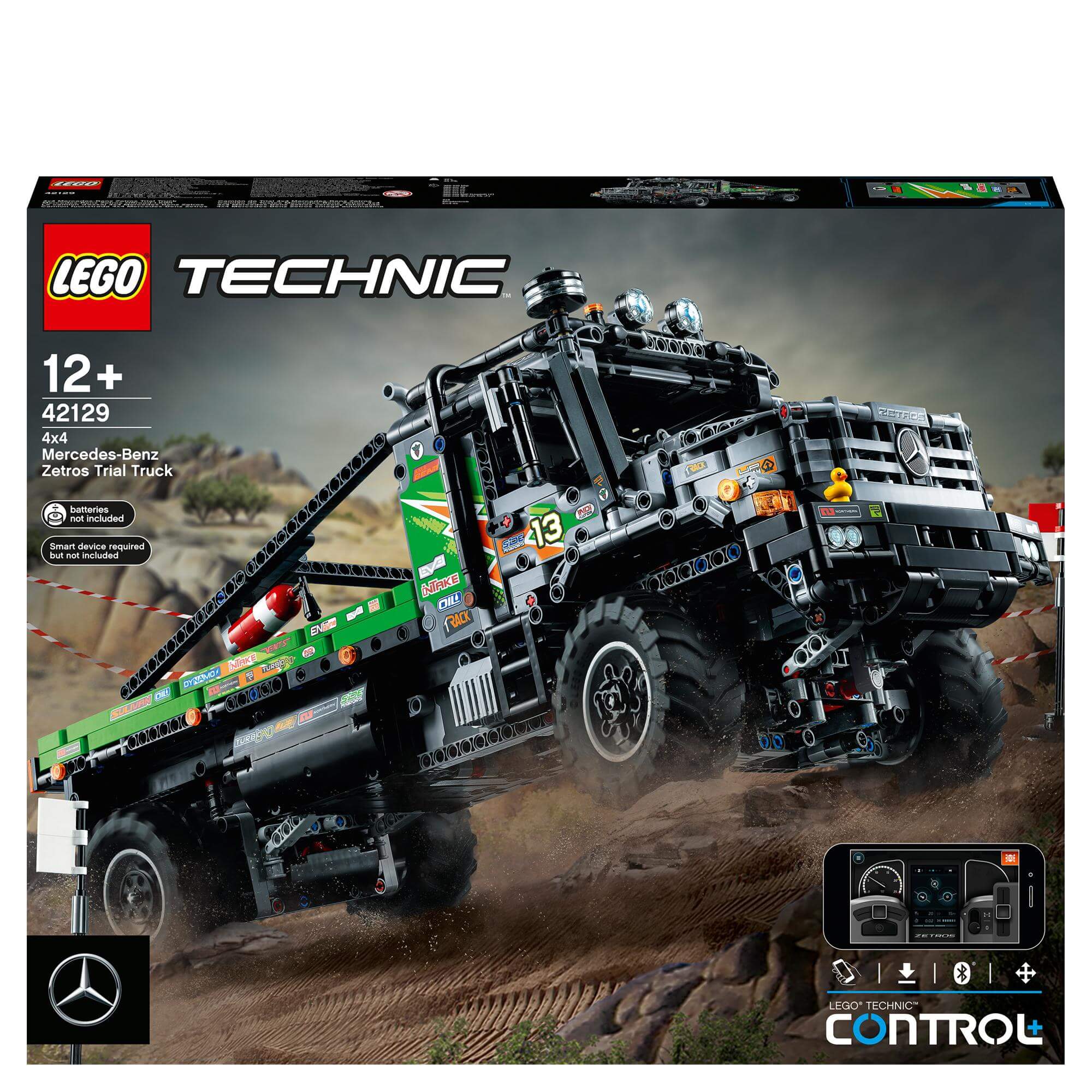 LEGO Technic 4x4 Mercedes-Benz Zetros Truck Toy 42129, featuring remote-control app functionality and realistic design.
