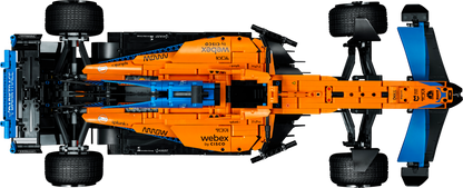 Top view of LEGO® Technic McLaren Formula 1™ Race Car model featuring orange and blue design elements.