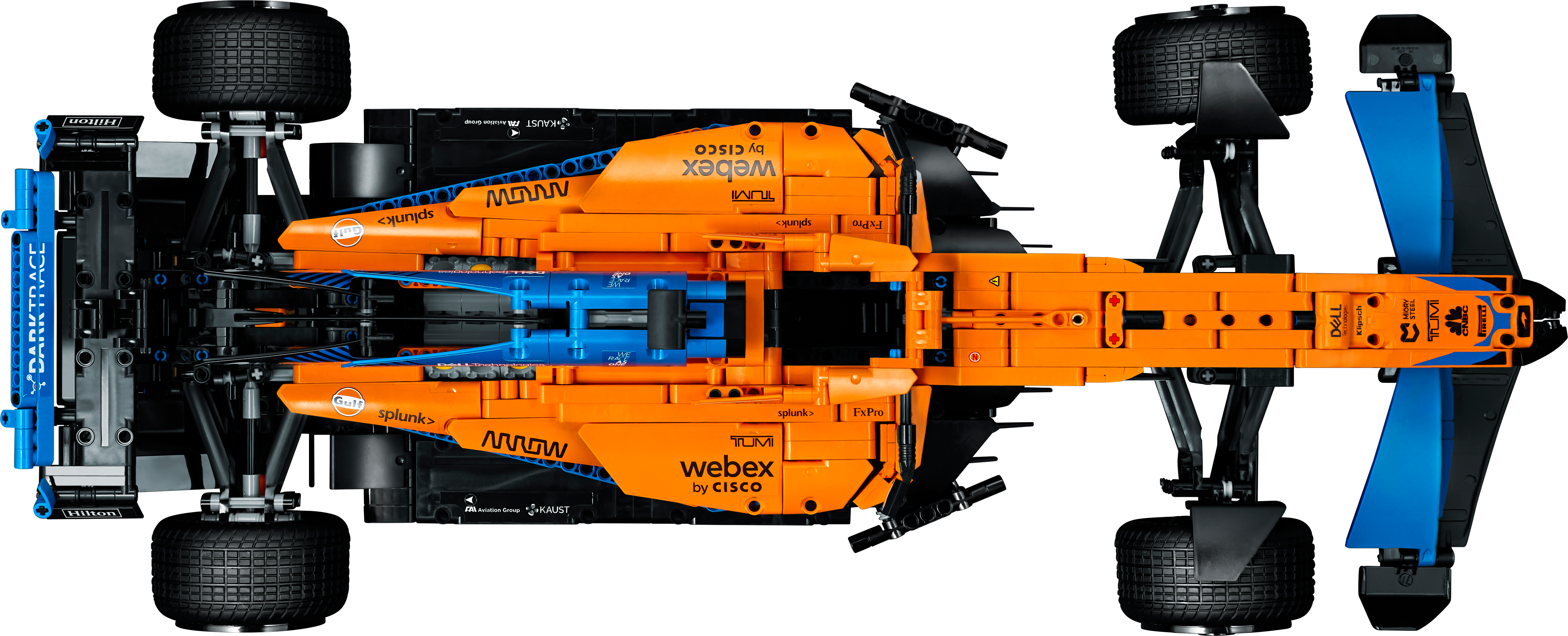 Top view of LEGO® Technic McLaren Formula 1™ Race Car model featuring orange and blue design elements.