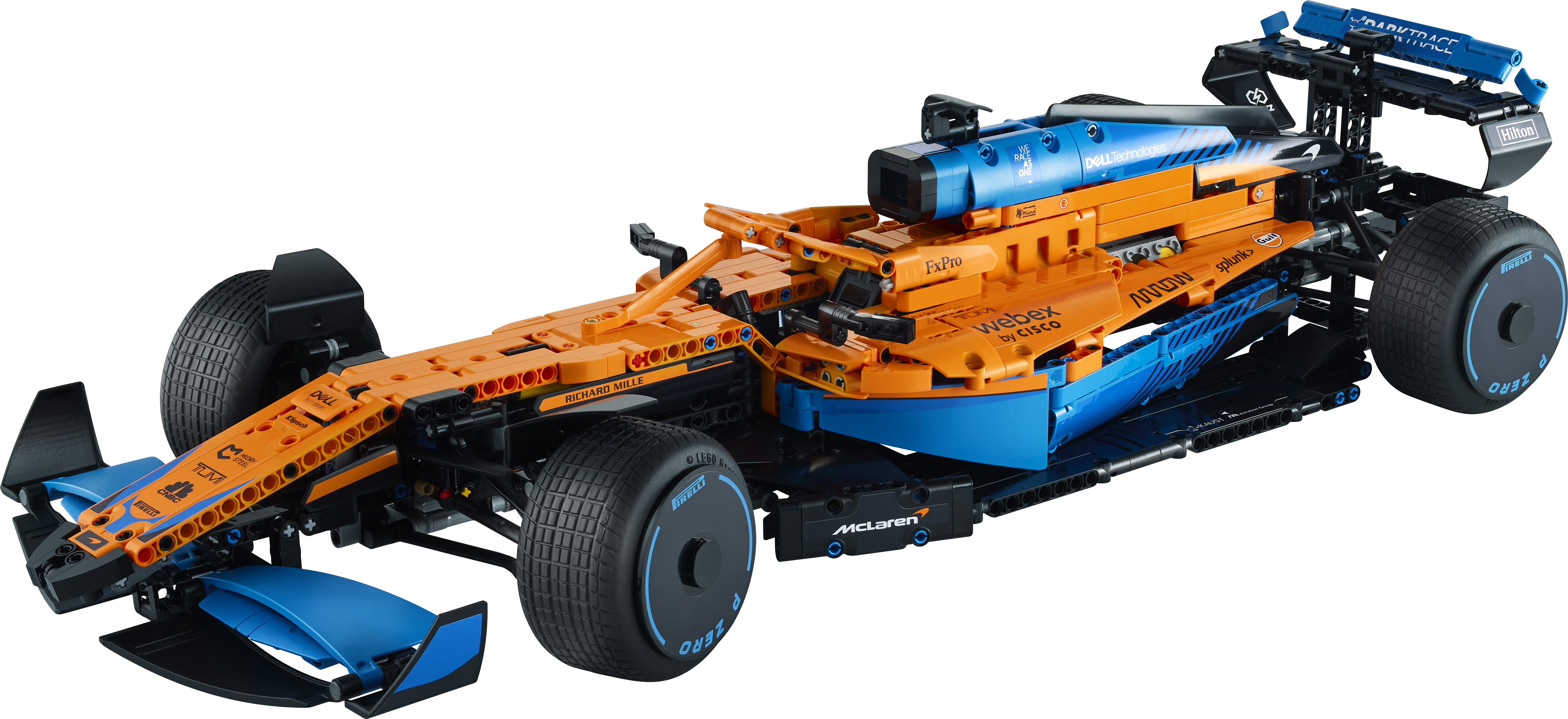 Highly detailed LEGO Technic McLaren Formula 1 Race Car model showcasing vibrant orange and blue design.