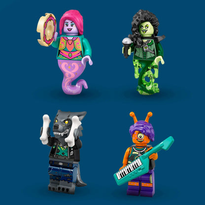 Four LEGO® VIDIYO Bandmates minifigures: a mermaid, monster, werewolf, and snail musician with instruments.
