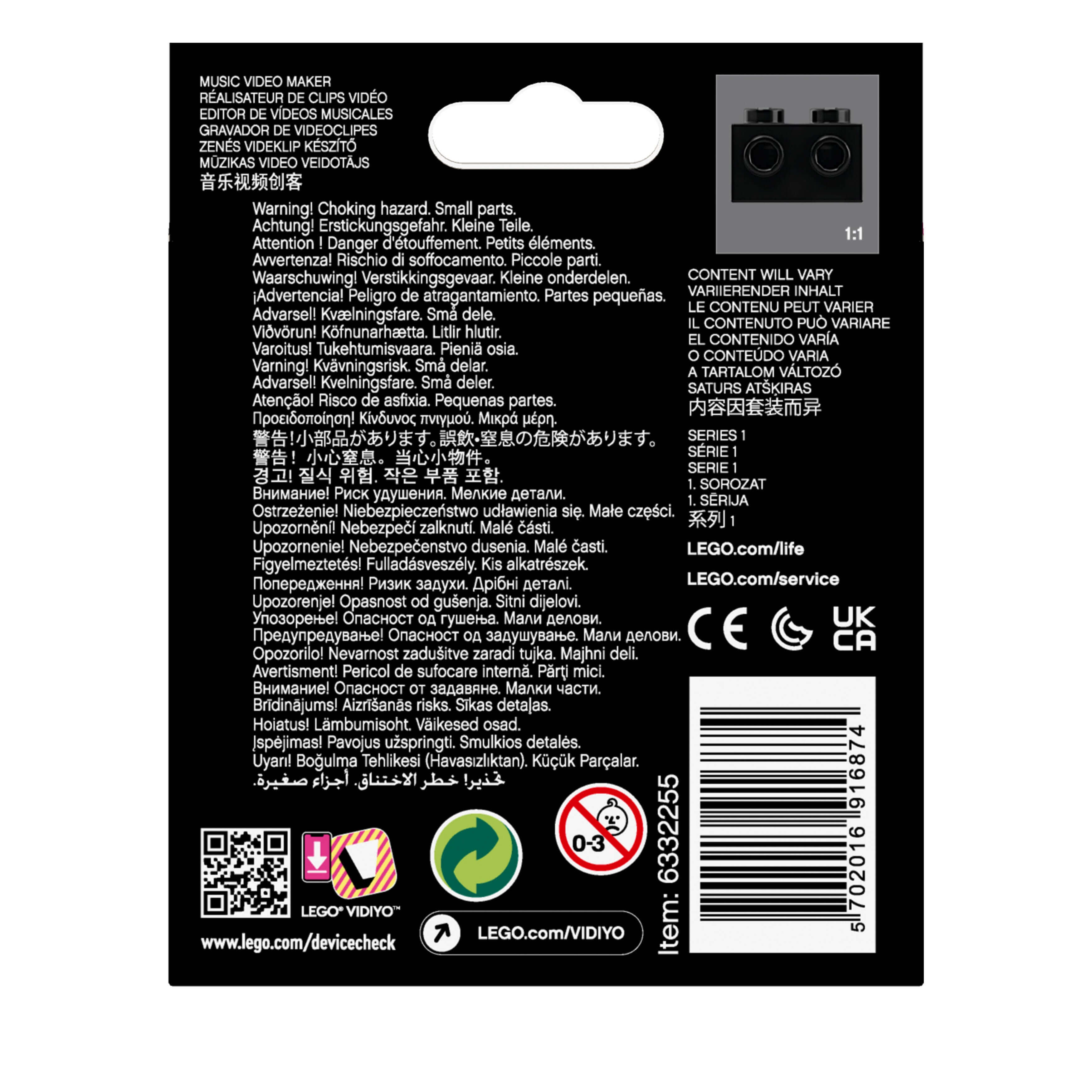 Back packaging of LEGO® VIDIYO™ Bandmates Music Minifigures Set 43101 featuring safety warnings and QR code.
