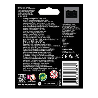 Back packaging of LEGO® VIDIYO™ Bandmates Music Minifigures Set 43101 featuring safety warnings and QR code.