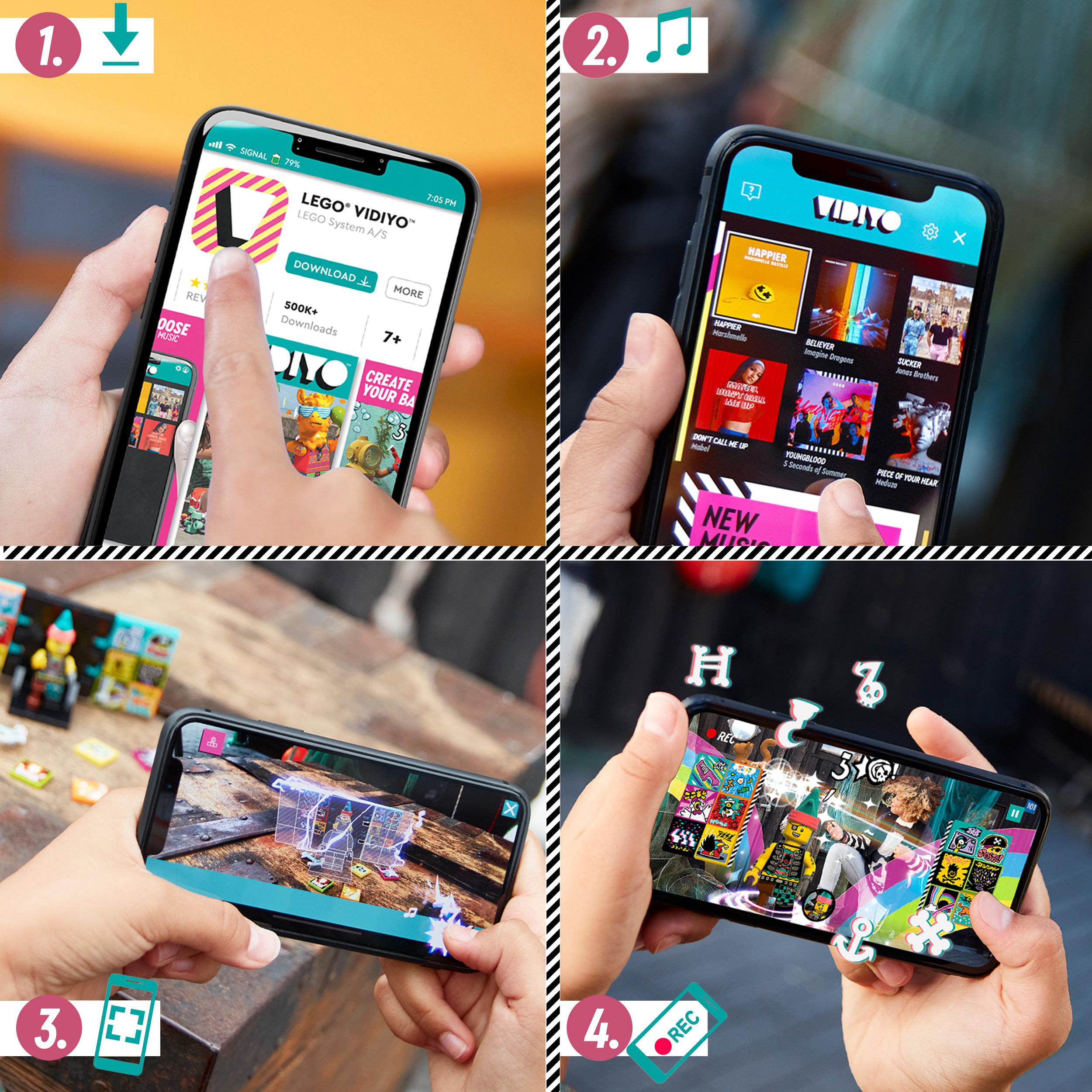 Kids using the LEGO VIDIYO app to create music videos with the Punk Pirate BeatBox set.