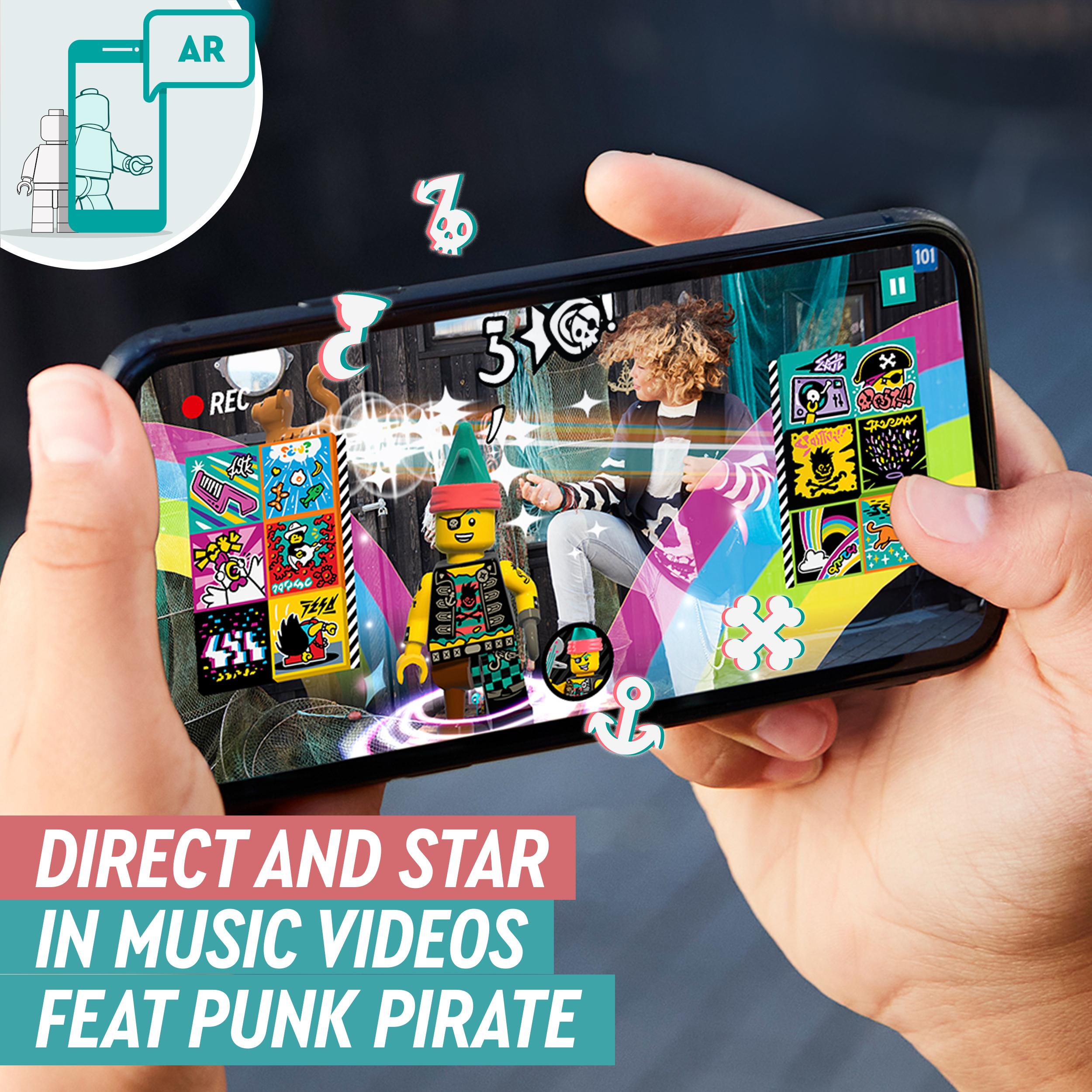 Child using LEGO® VIDIYO Punk Pirate BeatBox app to direct and star in fun music videos, showcasing creative play.