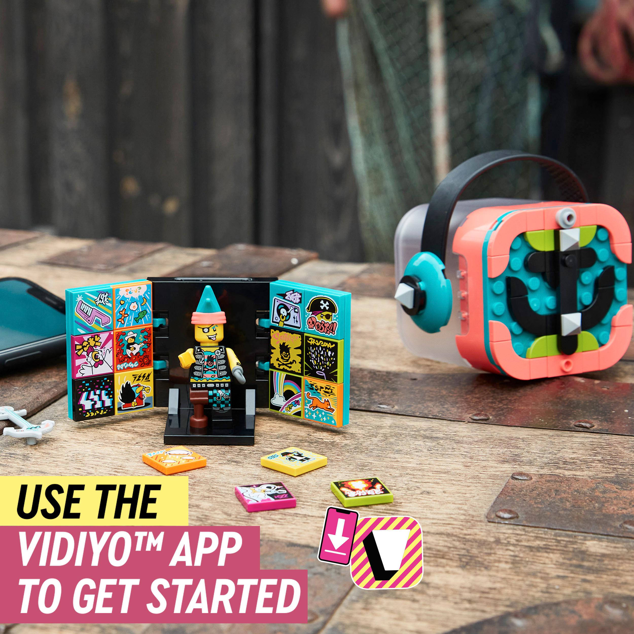 LEGO VIDIYO Punk Pirate BeatBox set with figurine, music cards, headphones, and smartphone, promoting creative music video production.